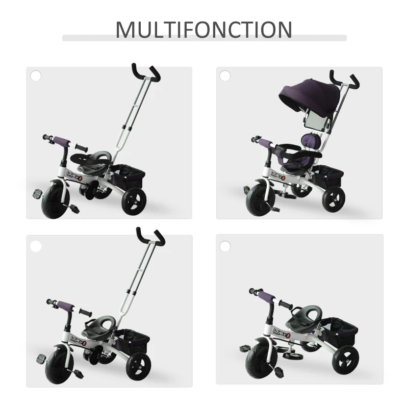 HOMCOM Tricycle Enfant évolutif Pare-Soleil Pliable Canne télescopique Amovible 92 x 51 x 110 cm Acier Violet Blanc