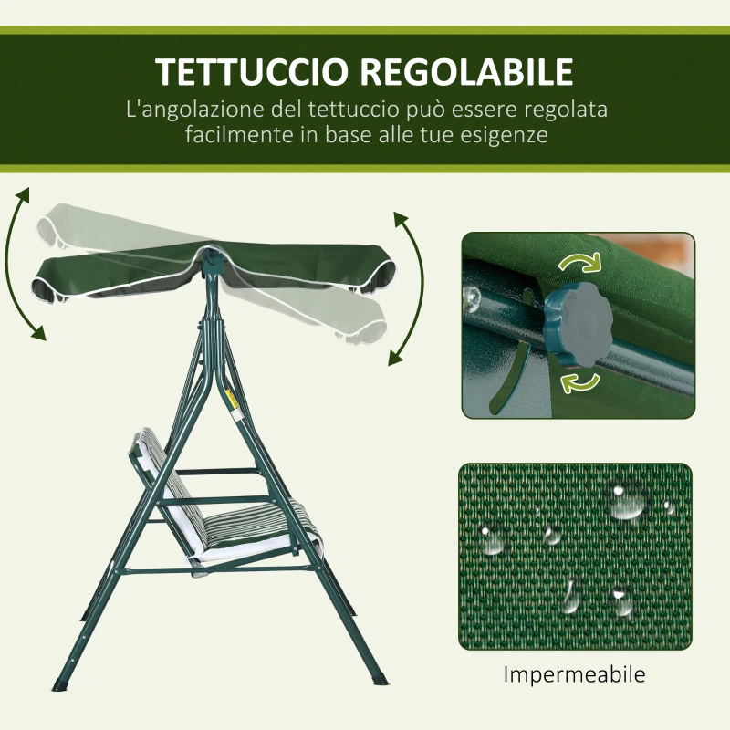 Outsunny Dondolo da Giardino 3 Posti in Acciaio e Teslin con Tetto Parasole, 172x110x153 cm, Bianco e Verde