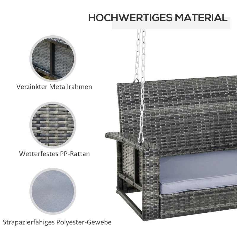Outsunny Hängebank 2-Sitzer Rattan Gartenschaukel mit Sitzkissen Hängeschaukel Hollywoodschaukel Schaukelbank Gartenbank Grau 127 x 65 x 60 cm