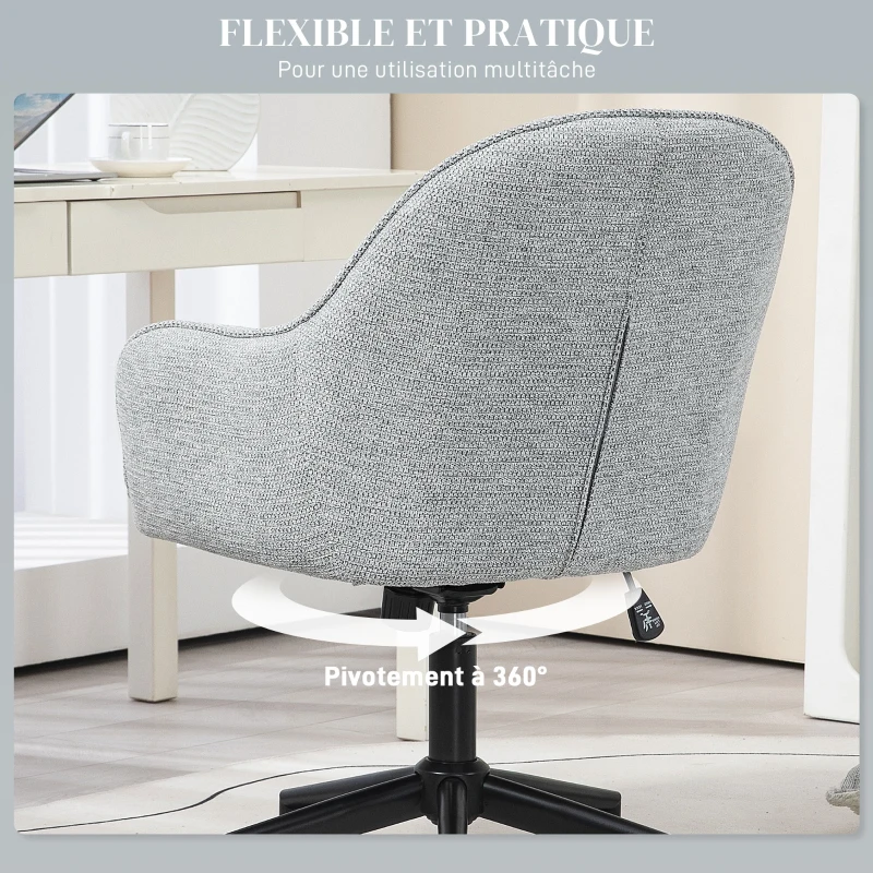 HOMCOM Fauteuil chaise de bureau dossier assise capitonnée hauteur réglable pivotant 360° piètement noir revêtement tissu gris