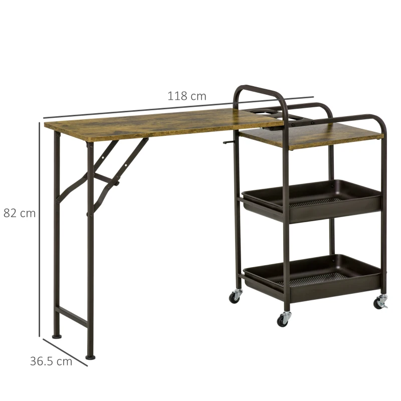 HOMCOM Carrello da Cucina Stile Industriale 3 Mensole e Ripiano Pieghevole, Porta Tazze e 4 Ruote, 118x36.5x82cm, Marrone