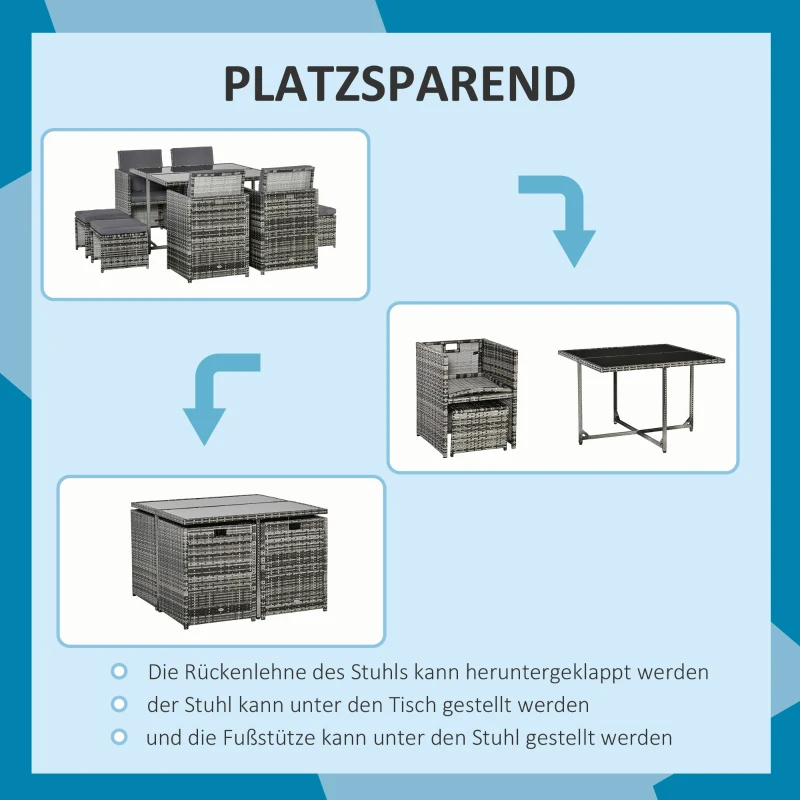 Outsunny Sitzgruppe für 8 Personen Polyrattan Gartenset Sitzgarnitur inkl. Kissen Grau