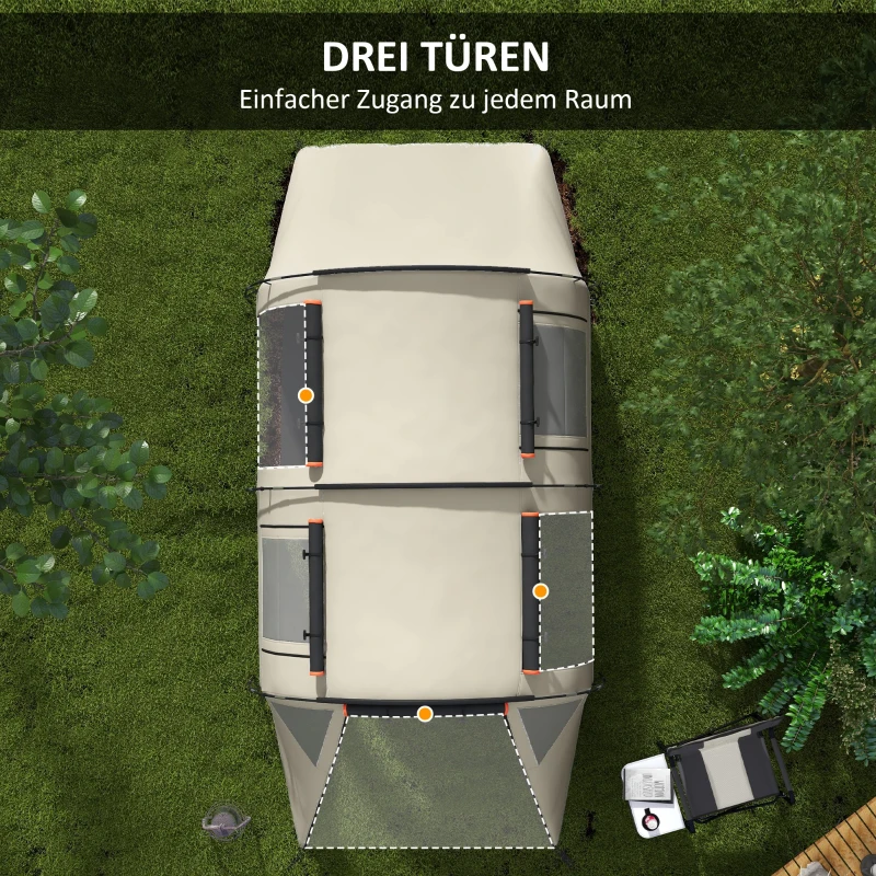 Outsunny Campingzelt für 4-5 Pers., abdunkelbare Fenster, wasserdicht, 180H x 460L x 230B cm, Khaki/Orange