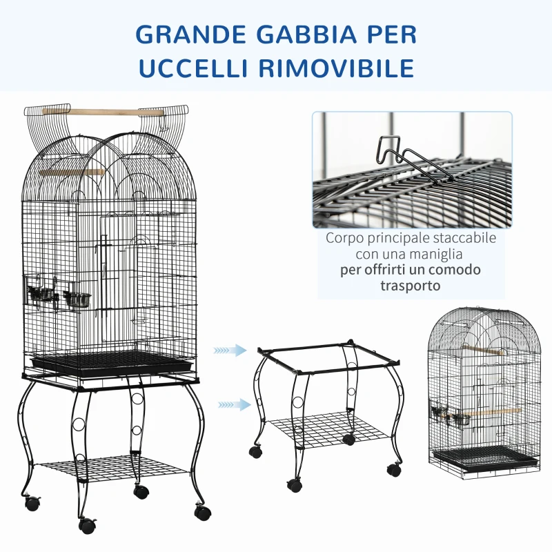 PawHut Gabbia per Uccelli e Canarini, Voliera con Ruote in Metallo Nero 51x51x153 cm