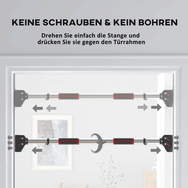 SPORTNOW Klimmzugstange für Türrahmen, verstellbar, ohne Bohren, Stahl, bis 200 kg, 75-92 x 10 x 7 cm, Schwarz/Rot