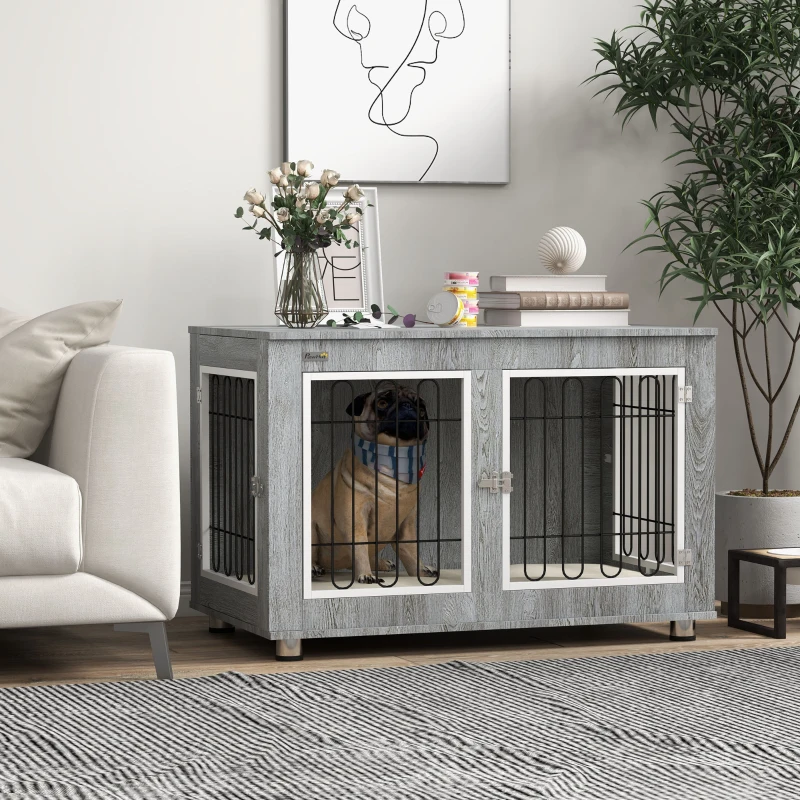 PawHut Cage pour chien animaux cage de chien sur pied avec coussin amovible acier aspect bois 90 x 58 x 65 cm gris