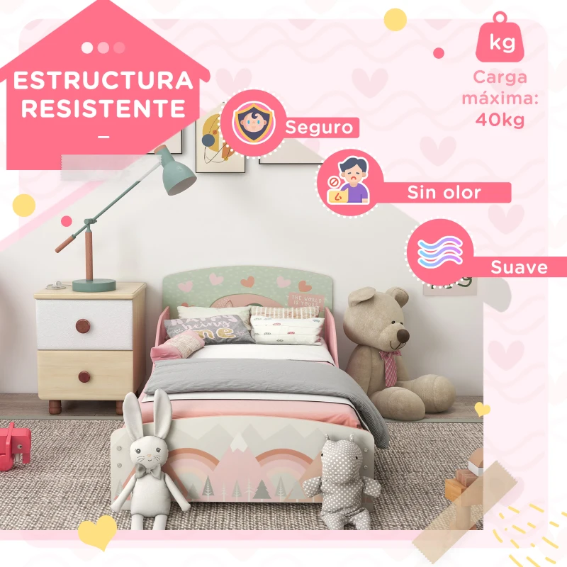 ZONEKIZ Cama para Niños 143x77x60 cm Cama Infantil de 3-6 Años con Barreras de Protección y Estampados Carga Máx. 40 kg Rosa