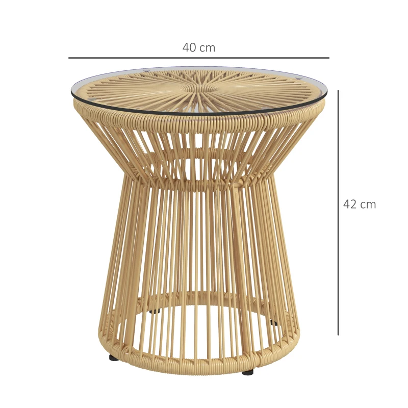 Outsunny Mesa de Ratán Sintético Redonda con Encimera de Cristal y Marco de Metal Carga 30 kg para Patio Jardín Ø40x42 cm Beige