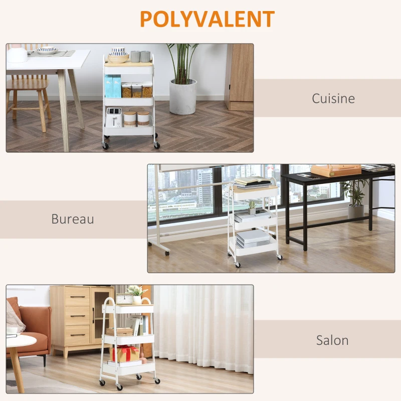 HOMCOM Desserte chariot de rangement en acier à roulettes avec 3 niveaux, plateau MDF, poignées dim. 45L x 31l x 79,4H cm