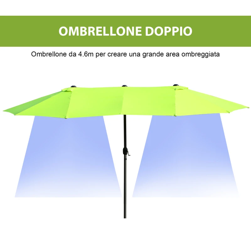 Outsunny Ombrellone da Giardino Doppio con Apertura a Manovella, in Acciaio e Poliestere, 460x270x240 cm, Verde Chiaro