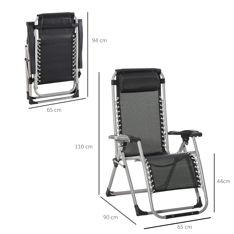 Outsunny Chaise Longue Pliable Bain de Soleil fauteuil relax jardin inclinable Grand Confort avec Matelas, tétière, accoudoirs métal époxy Polyester Gris