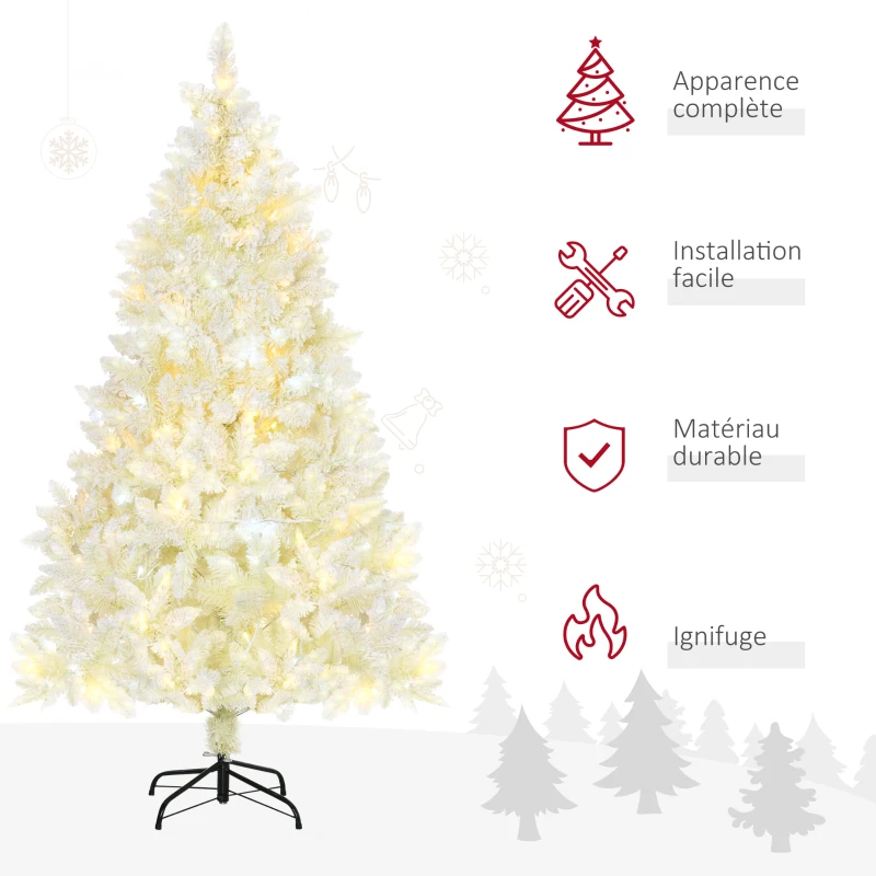 HOMCOM Sapin de Noël artificiel lumineux blanc  180 cm 650 branches 150 LED - support pied pliable