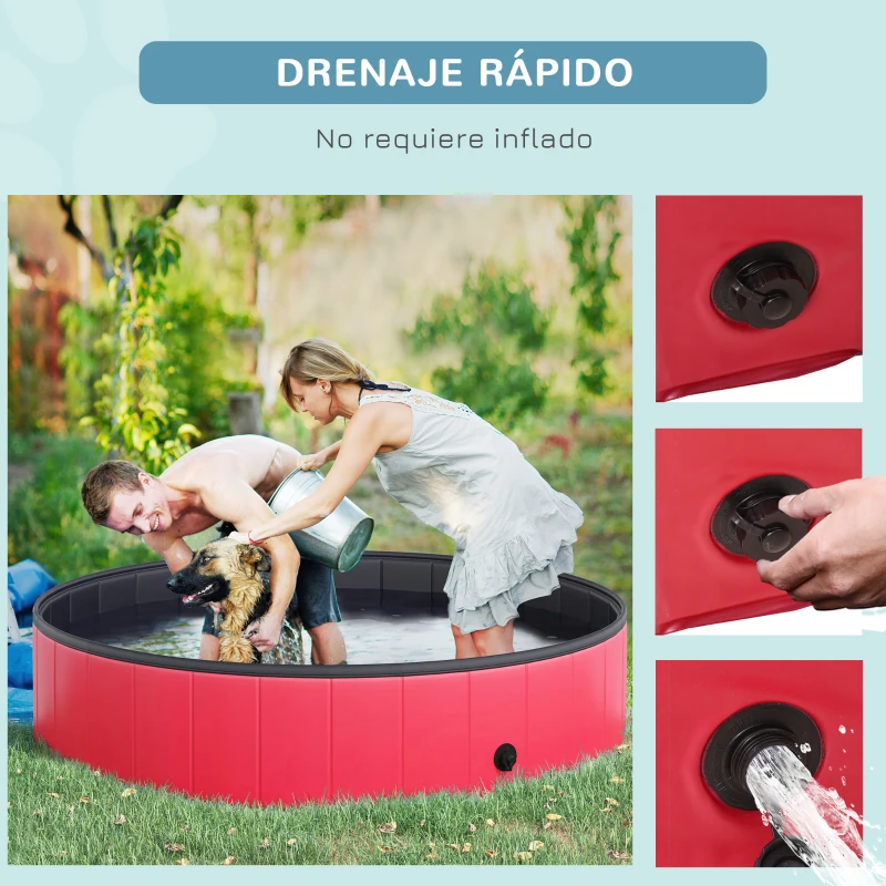 PawHut Piscina Plegable para Perros Gatos Ø140x30 cm Bañera Portátil para Mascotas PVC Antideslizante Múltiples Usos Color Rojo