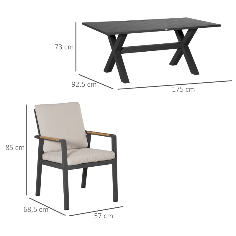 Outsunny Gartenmöbel-Set für 6 Personen, 6 Stühle, 1 Tisch, wetterbeständig, 175 cm x 92 cm x 73 cm, Schwarz + Grau