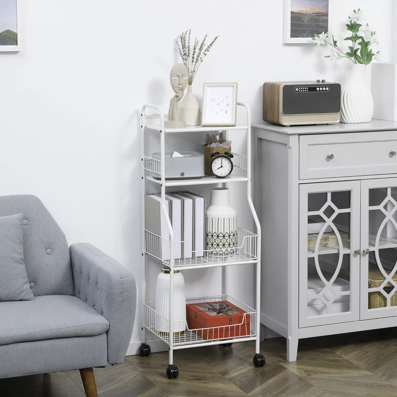 HOMCOM Estante de Cocina con Ruedas Carro de Almacenamiento de 4 Niveles para Cocina Baño Salón 42x34x114,5 cm Blanco
