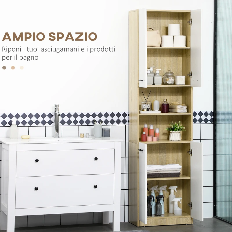 kleankin Mobile Bagno in Truciolato Bianco con 2 Armadietti con Ante e 2 Ripiani Aperti, 53x33.5x195.7 cm