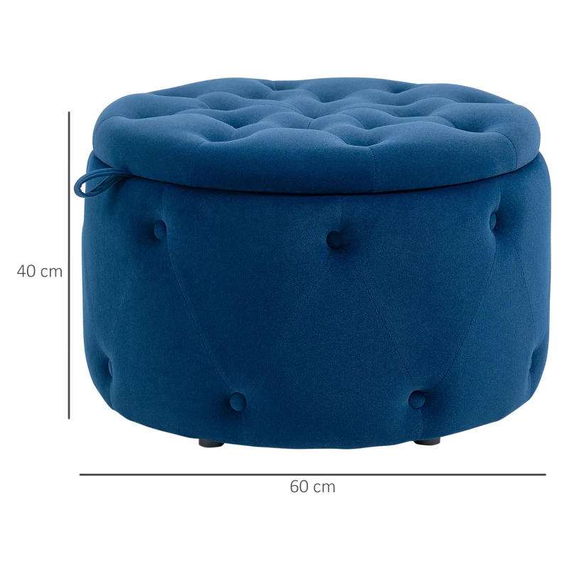 HOMCOM Pouf Poggiapiedi Rotondo con Vano Contenitore in Velluto Trapuntato, Ø60 x 40 cm, Blu Scuro