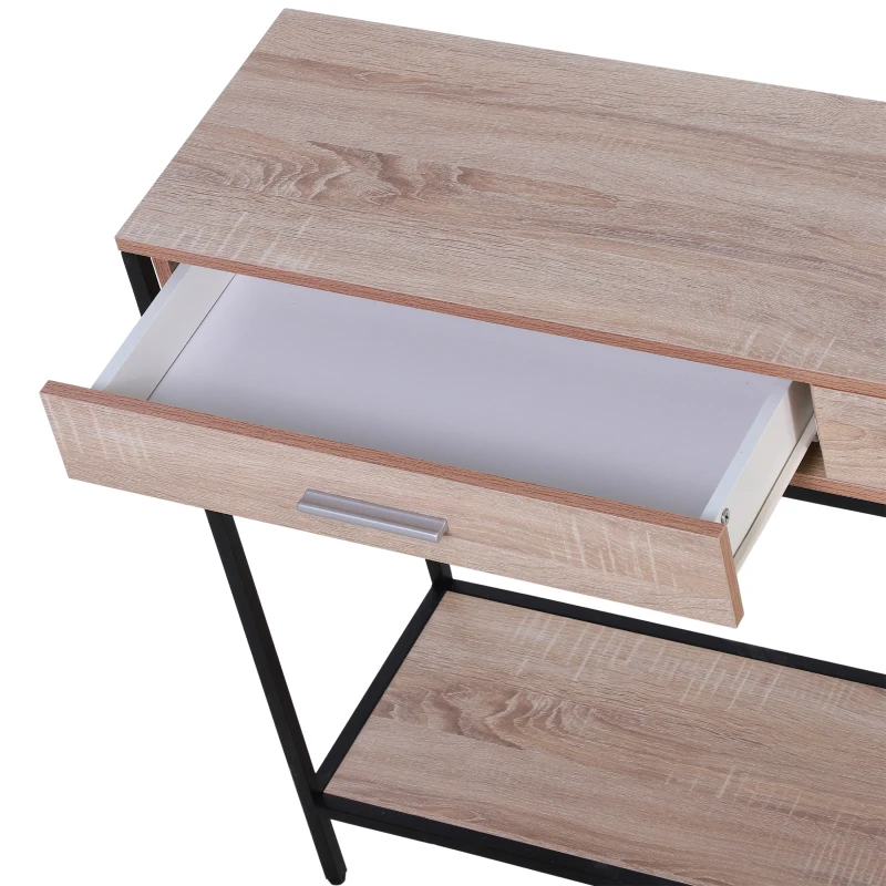HOMCOM Console Table Worktop Bottom Shelf Home Two Drawer Industrial Minimal Style Oak Wood Tone Effect