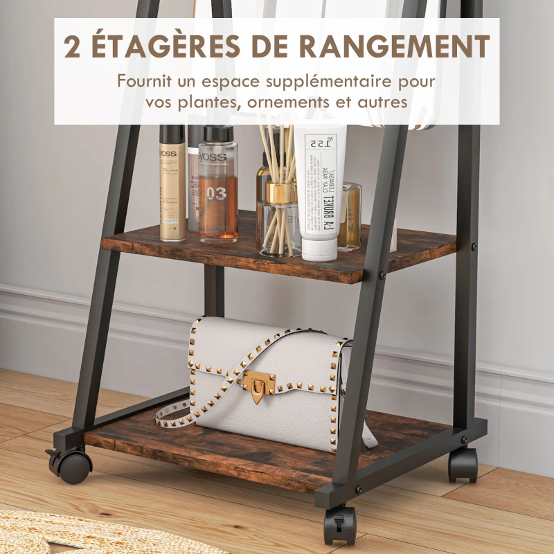 HOMCOM Miroir sur pied rectangulaire miroir de sol roulant avec angle réglable 2 étagères 4 roulettes noir et brun rustique