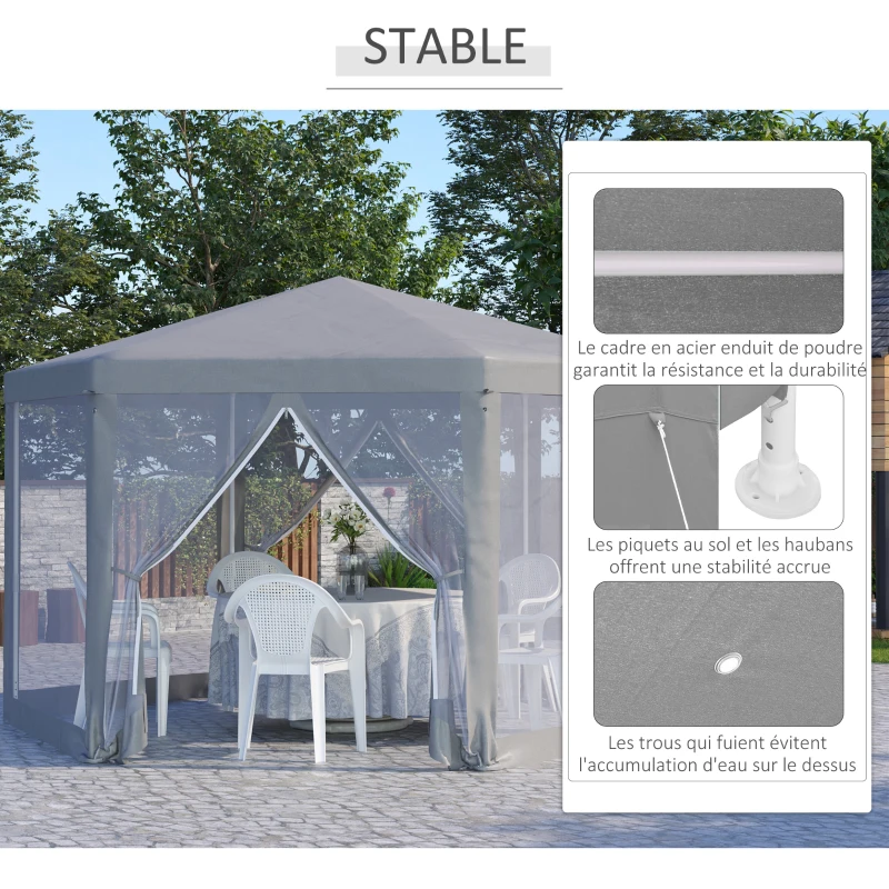 Outsunny Tonnelle barnum tente de réception hexagonale style cosy métal polyester gris