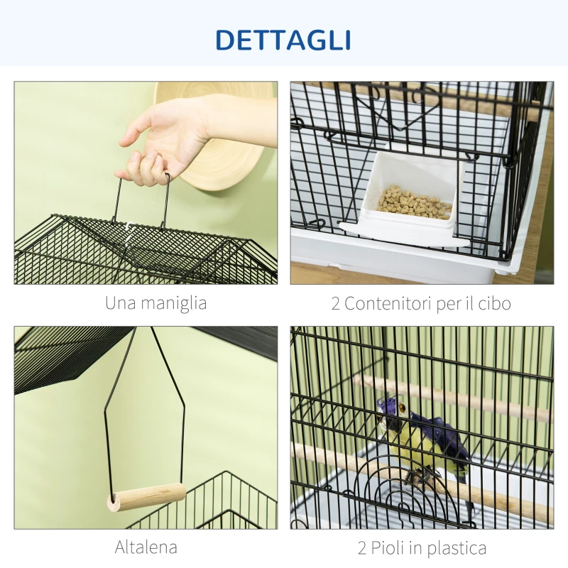 PawHut Gabbia per Uccelli in Metallo e Plastica con Maniglia di Trasporto e Vassoio Estraibile, 50.5x41x63 cm, Bianco