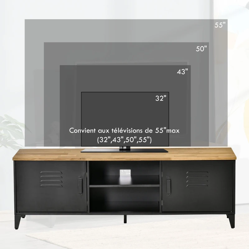 HOMCOM Meuble TV Banc TV pour téléviseurs de 55'' avec 2 Placards Pieds Réglables Cadre métalique noir Plateau en Bois Naturel 150 x 40 x 50 cm