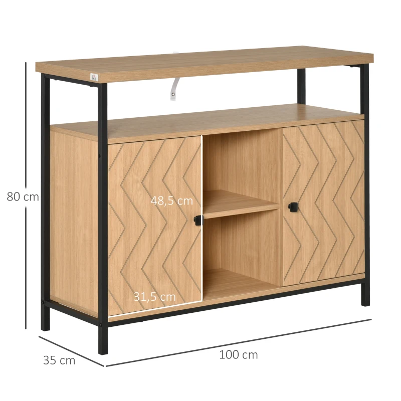 HOMCOM Meuble de rangement buffet style graphique 2 placards porte avec étagère 2 niches étagère grand plateau métal noir MDF aspect chêne clair