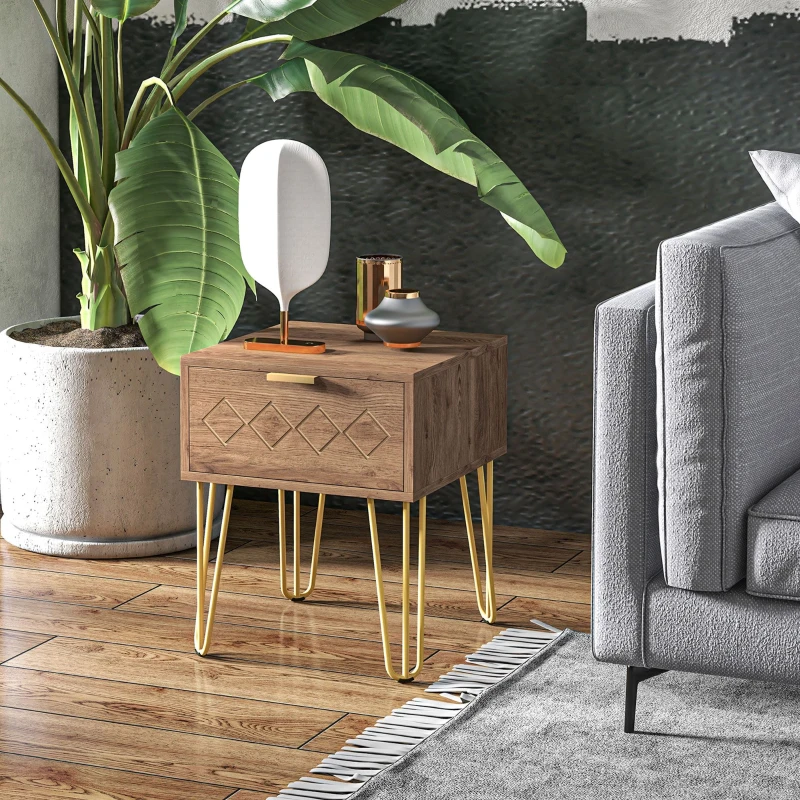 HOMCOM Bedside Table with Drawer, Wooden Nightstand, Modern Sofa Side Table with Gold Tone Metal Legs for Bedroom