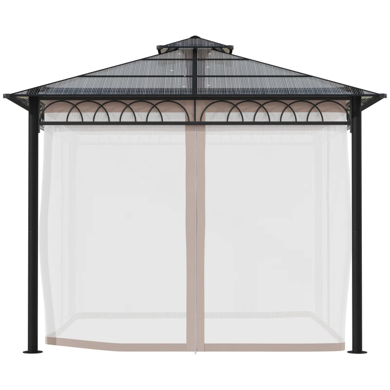 Outsunny 3 x 3 (m) Outdoor Polycarbonate Gazebo, Double Roof Hard Top Gazebo with Galvanised Steel Frame, Nettings & Curtains for Garden, Lawn, Patio and Deck, Khaki