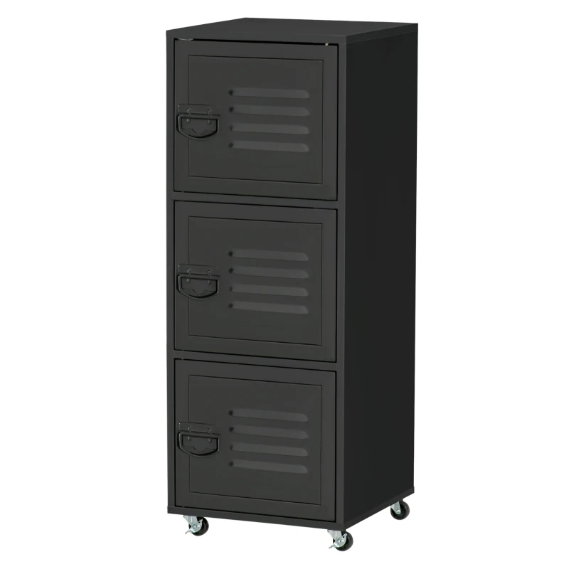 HOMCOM Rolling Storage Cabinet 3-Tier Mobile File Cabinet with Wheels & Metal Doors for Home Office, Living Room, Black