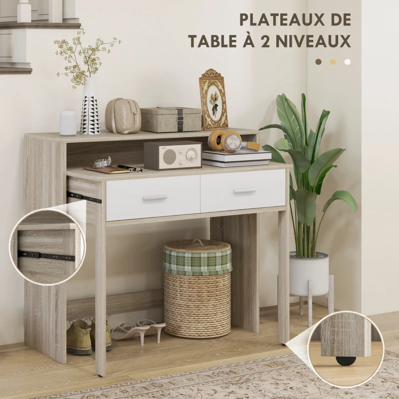 HOMCOM Table console avec plateau coulissant et 2 tiroirs, table de couloir avec rangement, 95l x 35P x 87H cm, aspect chêne