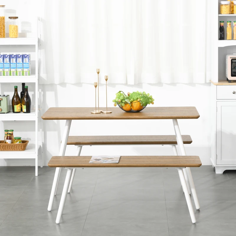 HOMCOM Essgruppe mit 2 Bänken Esstisch Skandinavischer Stil Esszimmergarnitur Sitzgruppe Tischgruppe MDF Metall Natur+Weiß120x50x75cm (Tisch) 110x35x45cm (Bank)