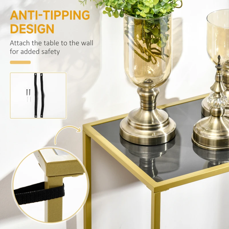 HOMCOM Modern Console Table, Tempered Glass Top Sofa Table with Steel Frame Adjustable Feet for Living Room, Hallway, Black