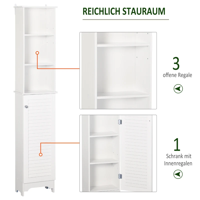 HOMCOM Badezimmerschrank mit höhenverstellbarem Regal Badmöbel mit Lamellentür Badezimmer-Hochschrank MDF Spanplatte Weiß 34 x 20 x 165 cm