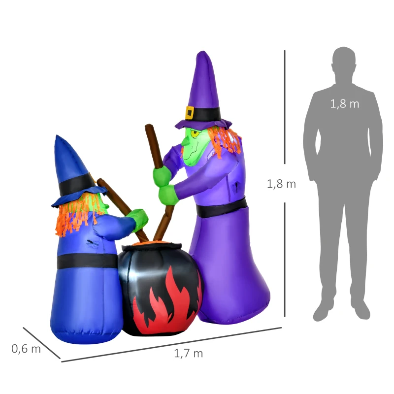 HOMCOM Aufblasbare Hexen Hexenkessel Figur Luftfigur Halloween Deko mit LED Beleuchtung, Polyester, 170x60x180cm