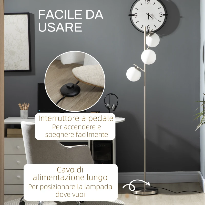 HOMCOM Lampada da Terra Moderna con 3 Punti Luce in Acciaio e Vetro, Ø27x159 cm, Argento