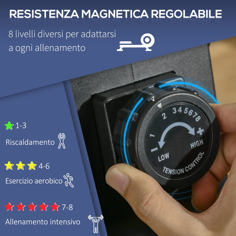 HOMCOM Vogatore Professionale per Casa con 8 Livelli di Resistenza Magnetica, Ruote e Monitor Digitale, Vogatore Pieghevole in Acciaio e ABS, 180x48x60cm, Nero e Grigio