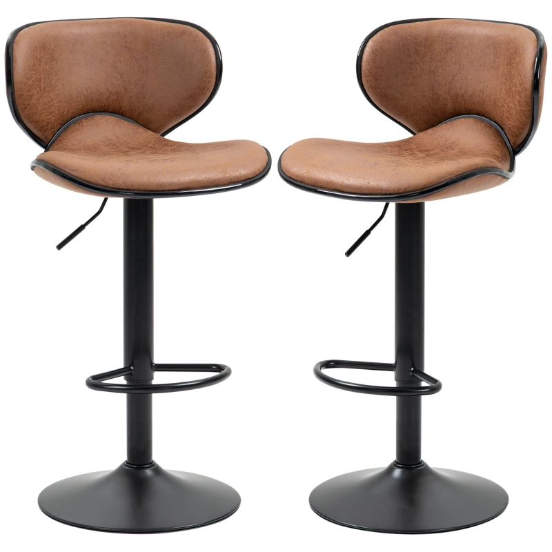 HOMCOM Bar Stool Set of 2 Microfiber Cloth Adjustable Height Armless Chairs with Swivel Seat, Brown