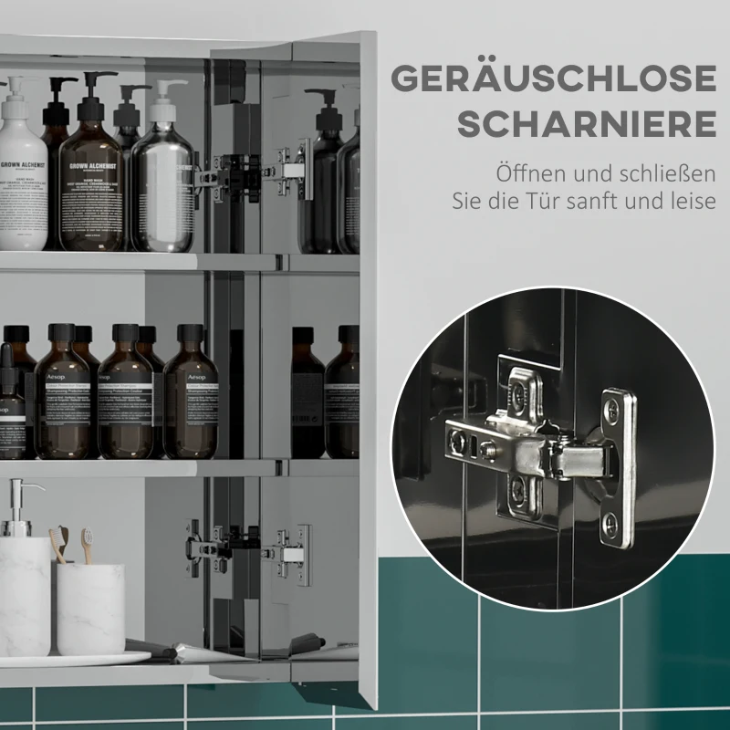 kleankin Spiegelschrank, Badschrank, 2 Spiegeltüren, 3 Innenböden, Edelstahl, Farbe: Silber, 54 x 13 x 60 cm