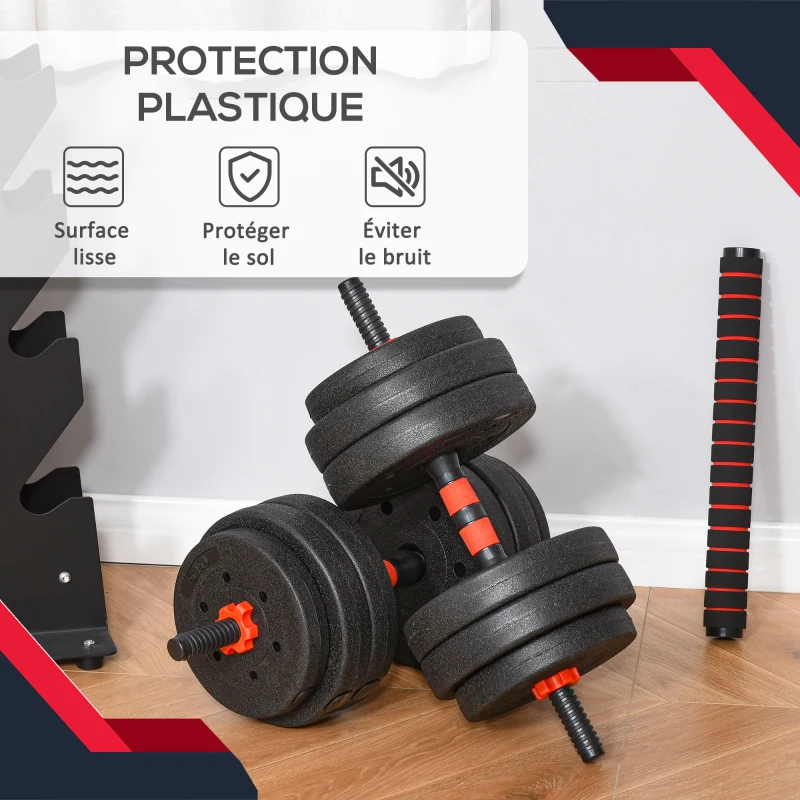 HOMCOM Kit Haltères Musculation 2-en-1, Lot de 2, 25 kg, poids réglable - Barres incluses - entraînement Musculaire & haltérophilie - HDPE Noir Rouge