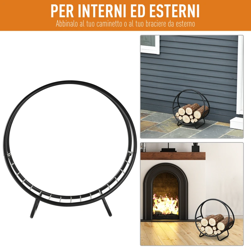 Outsunny Portalegna in Metallo per Interni ed Esterni per Camino, Porta Legna da Interno con Forma a Cesto, 45x29.5x47cm, Nero