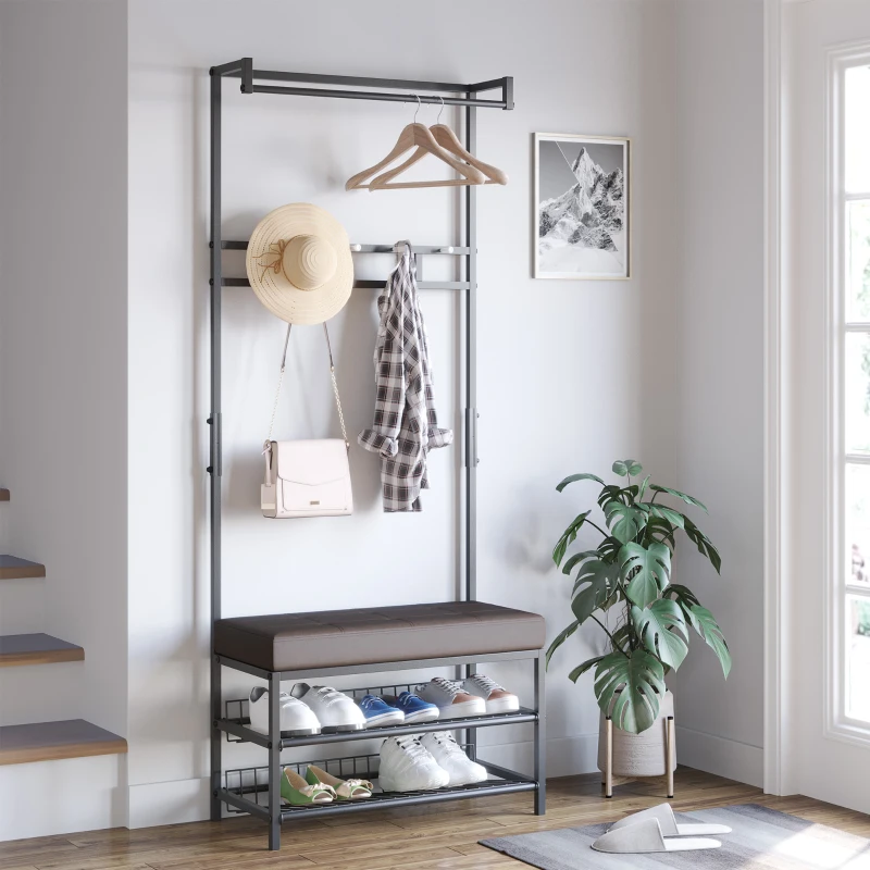 HOMCOM Appendiabiti da Terra con Panca Scarpiera, 5 Ganci e 2 Ripiani, Ferro ed Ecopelle, 72.5x35x180cm, Nero e Marrone