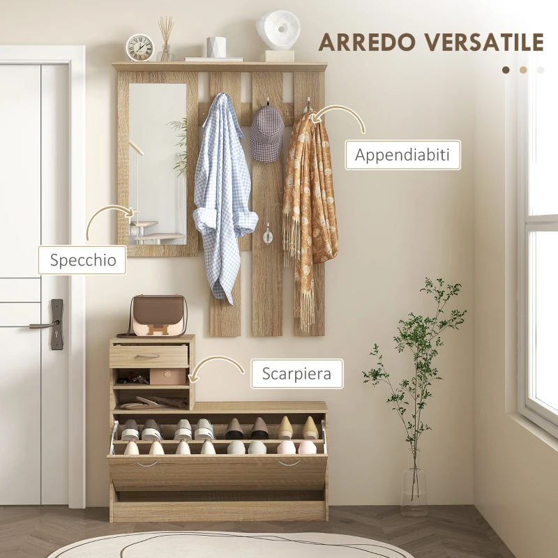 HOMCOM Mobile Appendiabiti 3 in 1 con Scarpiera e Specchio, Ganci e Cassetti, in Legno, 90x24x177 cm, color Quercia