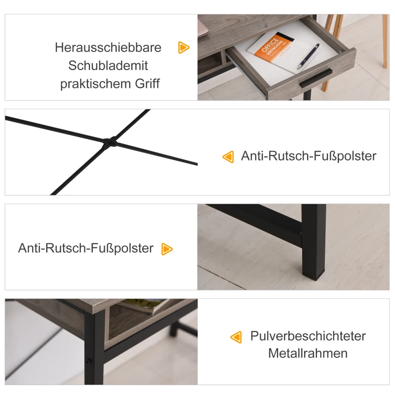 HOMCOM Schreibtisch mit Regal Schublade, Computertisch, Bürotisch, industrieller Stil, MDF, Metall, Grau+Schwarz, 106 x 53 x 95 cm