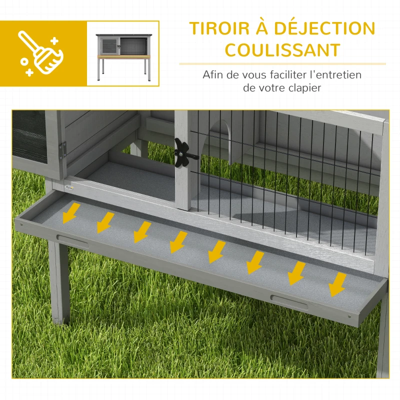 PawHut Clapier sur pieds cage à lapin avec niche intérieure plateau excrément coulissant porte verrouillable toit ouvrant(m-6)
