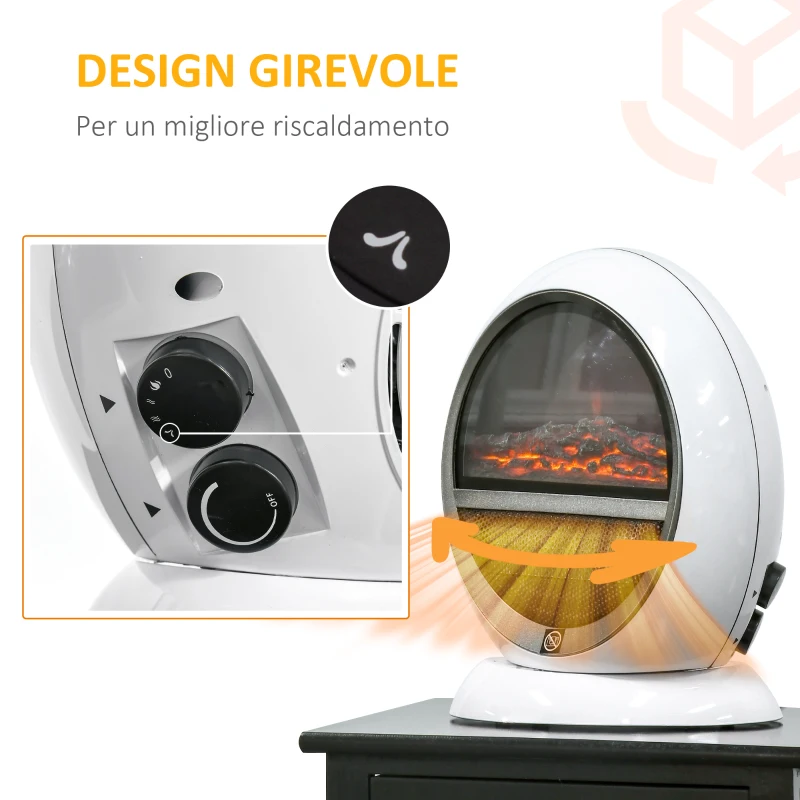 HOMCOM Camino Elettrico con Effetto Fiamma Ruotabile e Portatile, Potenza 1500W, Copertura 10-15m², 30.5x18x35cm, Bianco