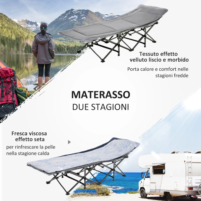 Outsunny Lettino da Campeggio Pieghevole e Imbottito con Tasca Portaoggetti, 188x64.5x53 cm, Grigio chiaro