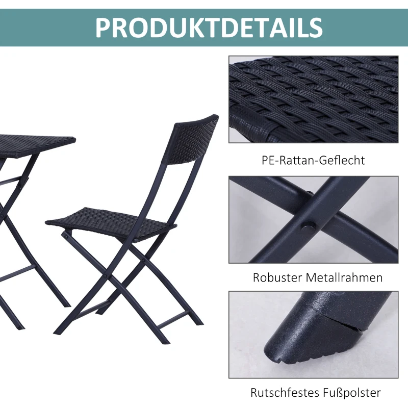 Outsunny Polyrattan Bistroset für 2 Personen Sitzgruppe Rattan Gartenmöbel Set Garnitur Schwarz