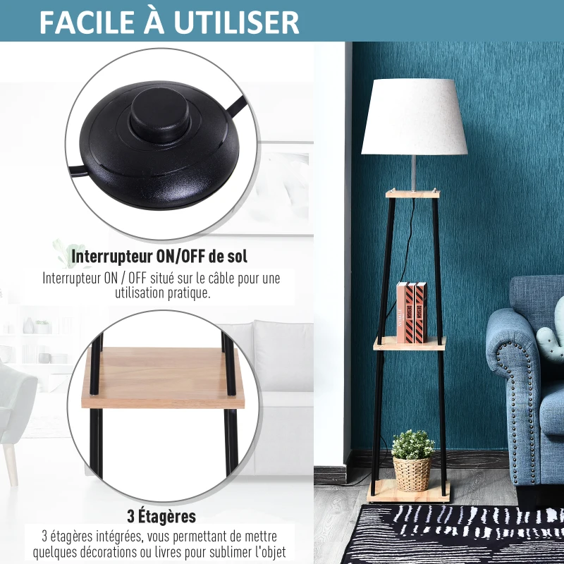 HOMCOM Lampadaire design contemporain dim. 40L x 40l x 160H cm 40 W max. 3 étagères intégrées bois massif pin métal noir lin beige