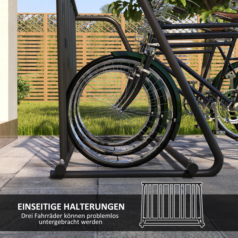 DURHAND Fahrradständer für 3 Fahrräder, wetterbeständig, zusätzliche Halterung, 114 x 58 x 75 cm, Schwarz